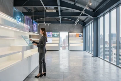 Intérieur d'un magasin futuriste avec écrans holographiques et une cliente explorant une interface digitale transparente