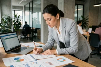 Femme analyste en blazer gris annotant un rapport de productivité sur un bureau en bois dans un bureau moderne en open space