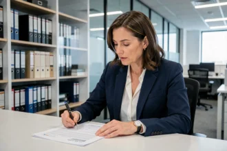 Femme professionnelle en costume marine analysant un document de mise en conformité réglementaire dans un bureau moderne