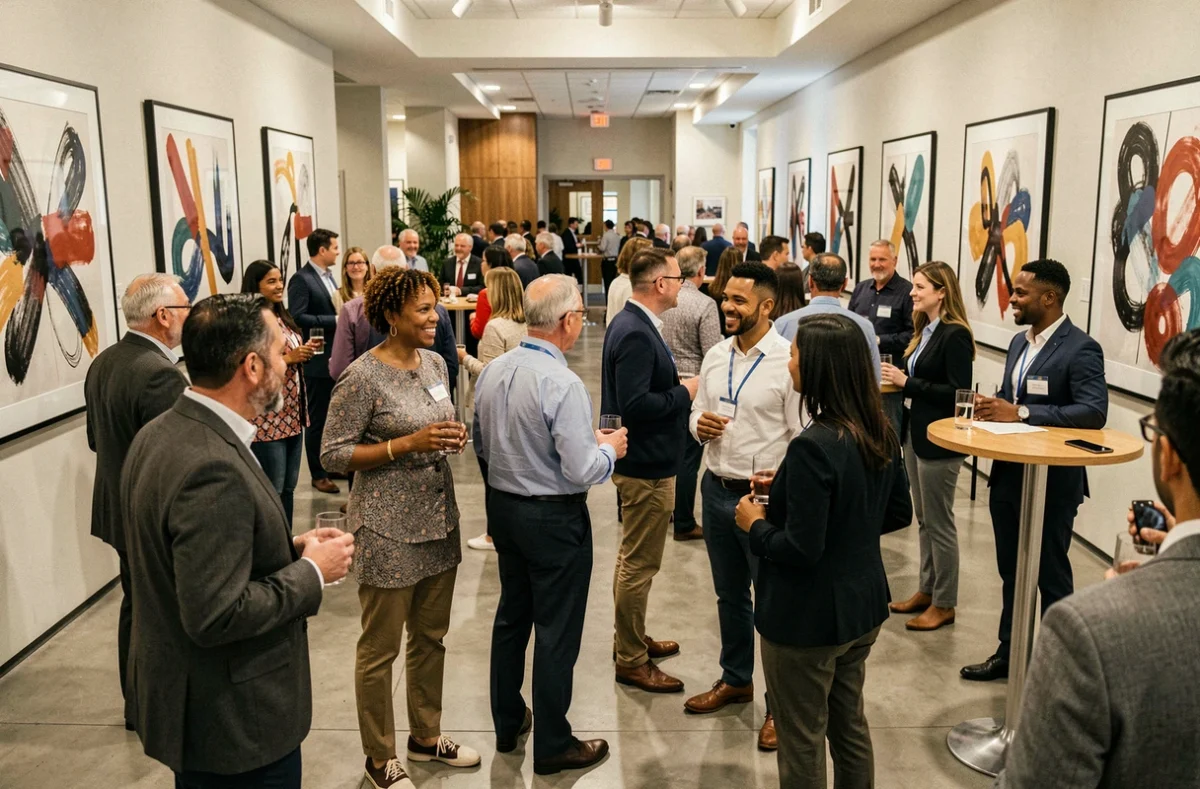 Participants en pleine conversation lors d'un événement professionnel réussi