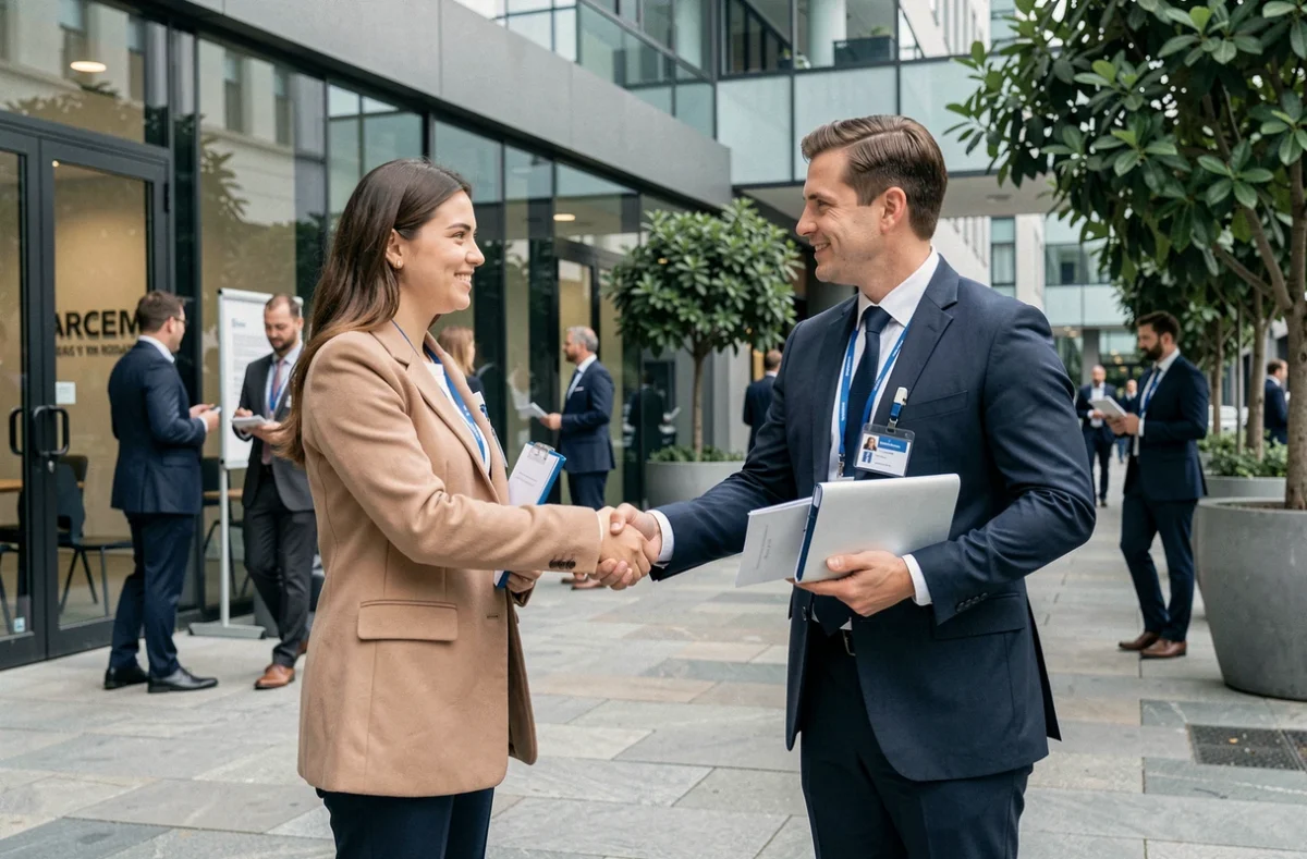 Jeune femme serrant la main d'un recruteur lors d'un forum emploi ou événement de networking professionnel