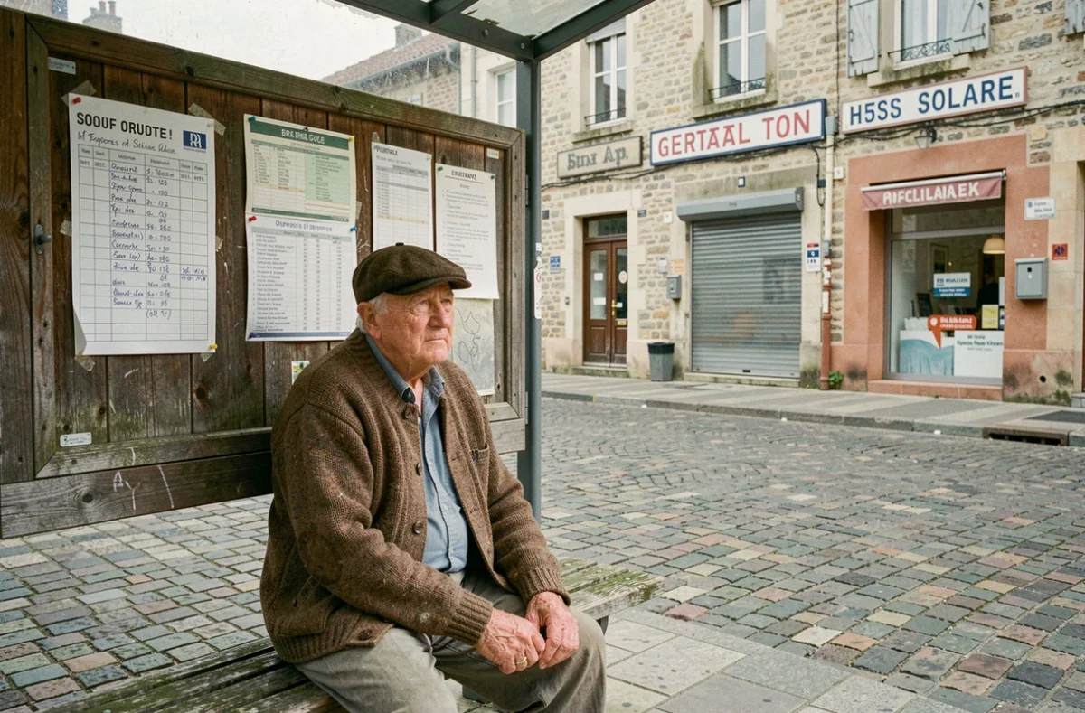 Homme âgé attendant seul à un arrêt de bus dans un village rural désertifié, symbole de l'isolement et du manque de transports en commun
