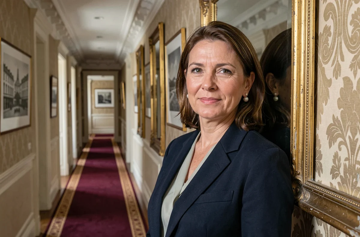 Portrait d'une femme en costume dans un couloir luxueux d'un grand hôtel parisien avec miroirs dorés