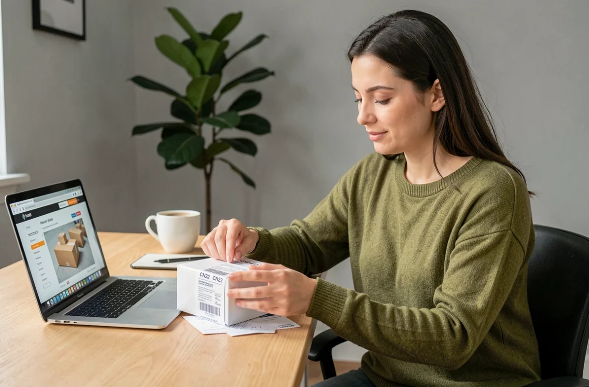 Femme préparant un colis international avec étiquette douanière CN22 à son bureau à domicile