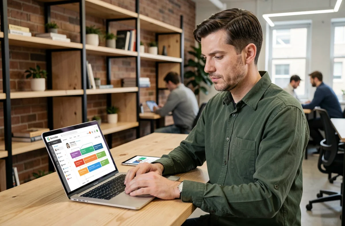 Professionnel du marketing qualifiant des leads sur un CRM depuis un espace de coworking moderne