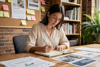 Rédactrice publicitaire écrivant un texte de publicité dans un carnet, entourée de maquettes et d'affiches dans une agence créative moderne