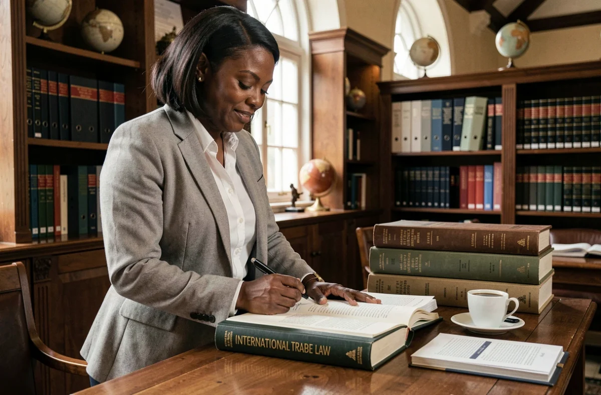 Avocate spécialisée en droit du commerce international annotant un manuel juridique dans une bibliothèque institutionnelle