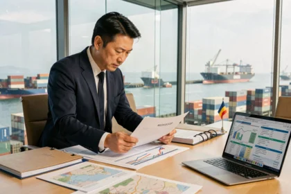 Homme d'affaires asiatique examinant des documents de commerce international dans une salle de réunion avec vue sur un port