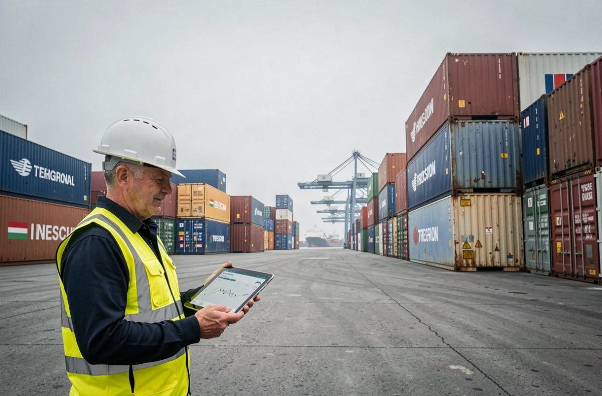 Coordinateur logistique dans un terminal de fret international entouré de conteneurs multicolores avec données d'expédition sur tablette