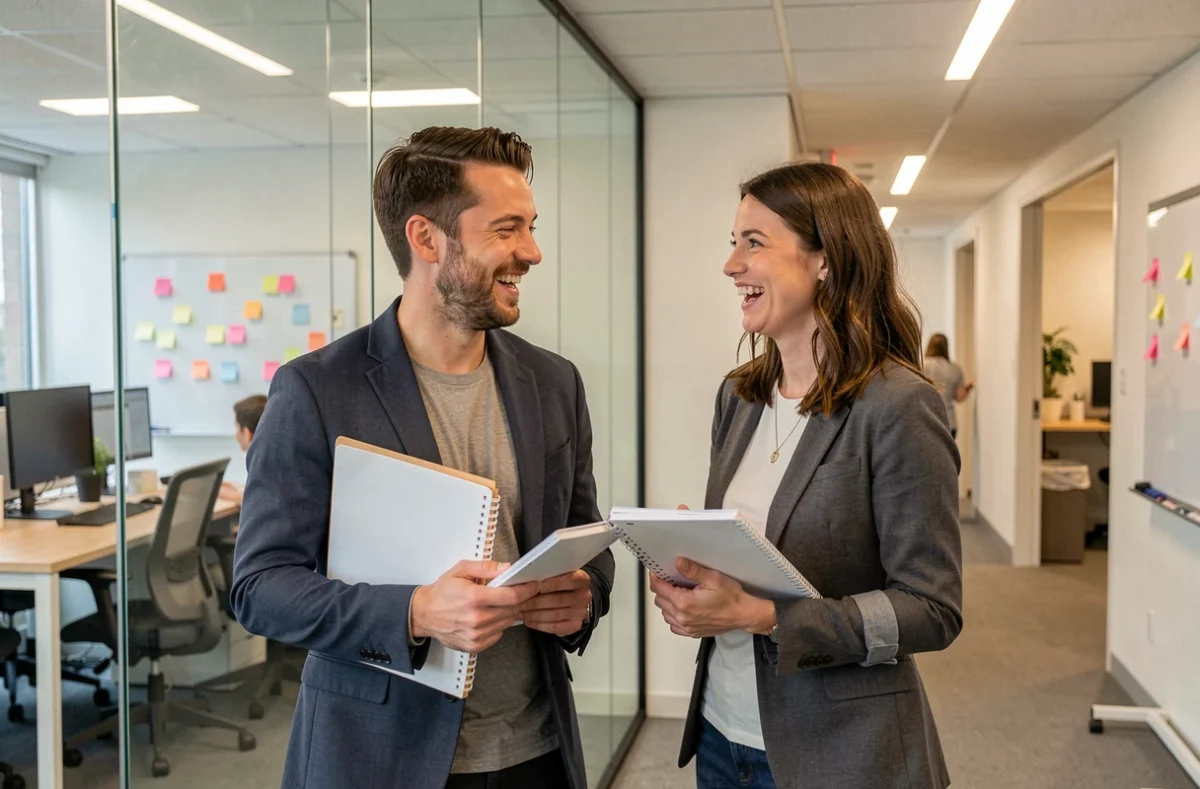 Deux collègues qui discutent dans un bureau moderne illustrant les relations en milieu professionnel