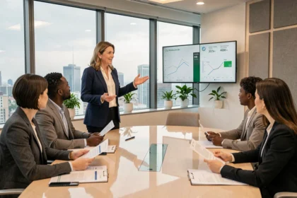 Réunion d'équipe en entreprise autour de la responsabilité sociale et des indicateurs de développement durable