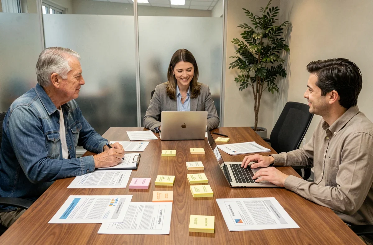 Équipe de professionnels analysant des rapports sur les risques émergents lors d'une réunion stratégique
