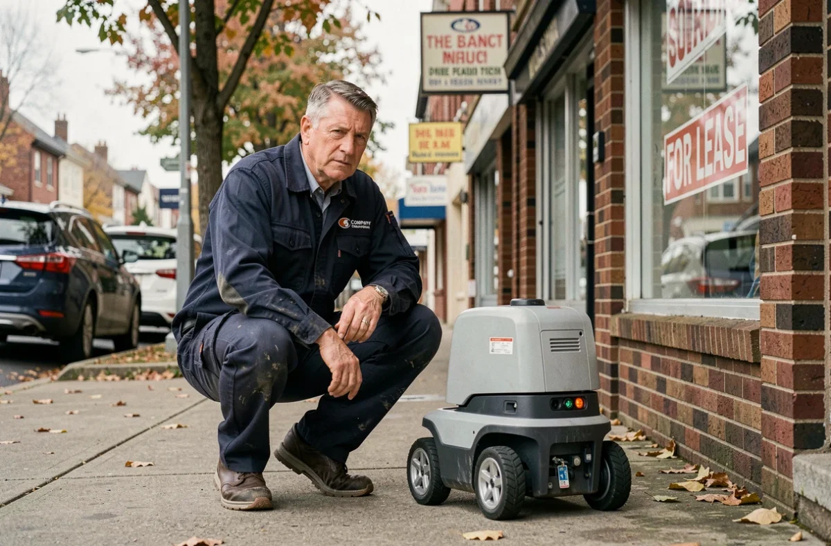 Technicien supervisant un robot de livraison autonome devant une boutique fermée avec panneau À louer