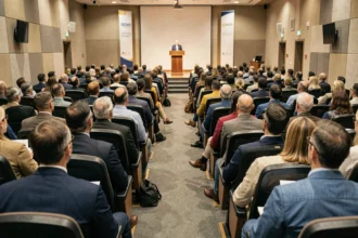 Salle de conférence remplie de participants attentifs lors d'un événement professionnel