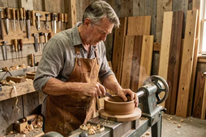 Artisan menuisier façonnant un bol en bois sur un tour dans un atelier traditionnel, illustrant le savoir-faire artisanal