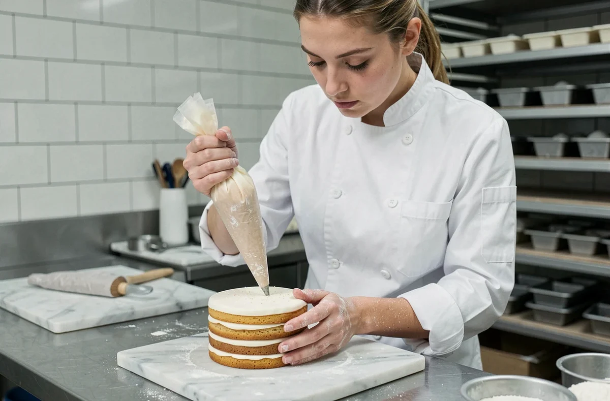 Jeune cheffe pâtissière décorant un gâteau avec précision dans une cuisine professionnelle, symbole du savoir-faire culinaire