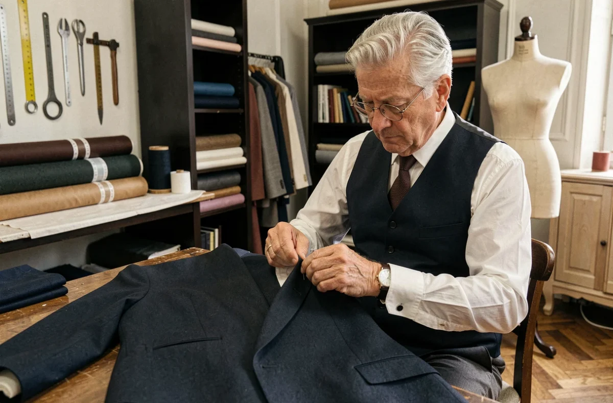 Tailleur expérimenté cousant à la main le revers d'un costume en laine dans un atelier de couture élégant, incarnant le savoir-faire de la haute couture