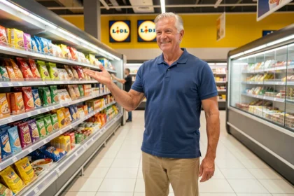 Célébrité musclée aux cheveux argentés faisant la promotion de produits dans un supermarché Lidl
