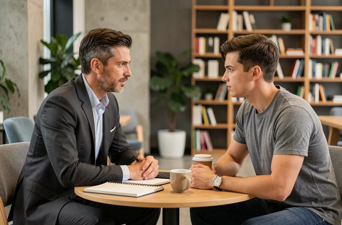 Séance de coaching individuel en leadership entre un coach expérimenté et un jeune professionnel