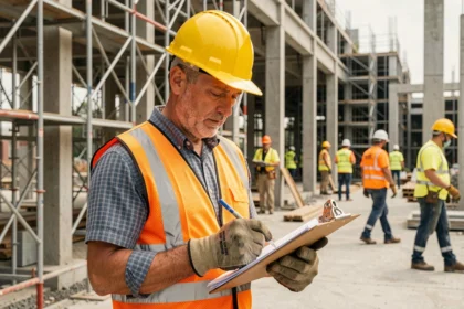 Ouvrier du bâtiment en équipement de protection individuelle vérifiant une liste de contrôle de sécurité sur un chantier de construction actif
