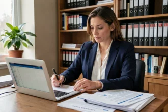 Femme auto-entrepreneur étudiant les statuts juridiques pour optimiser ses cotisations URSSAF à son bureau