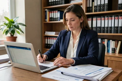 Femme auto-entrepreneur étudiant les statuts juridiques pour optimiser ses cotisations URSSAF à son bureau