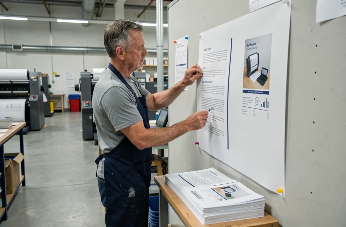 Technicien d'imprimerie affichant une grande affiche à côté d'une pile de flyers dans un atelier professionnel