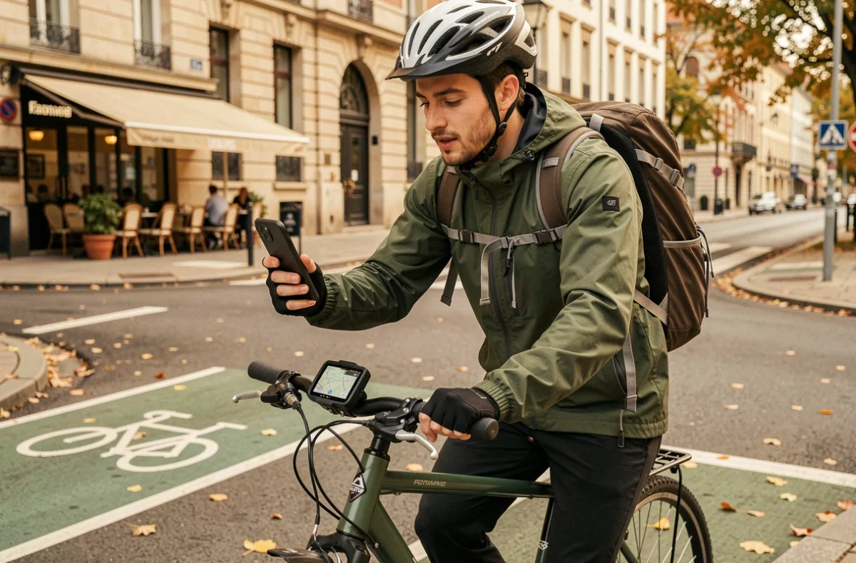 Cycliste urbain consultant son téléphone à un carrefour lors de son trajet quotidien à vélo pour aller au travail