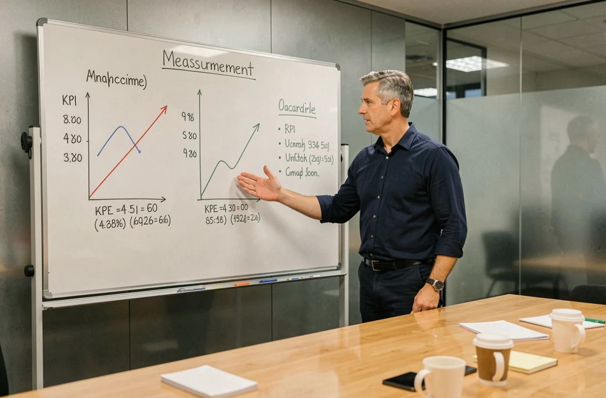 Manager en chemise bleue présentant les trois méthodes de mesure de la productivité sur un tableau blanc en salle de réunion
