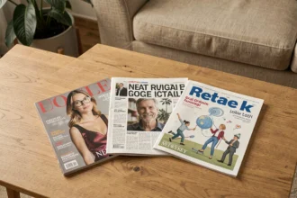 Trois types de magazines différents posés sur une table basse en bois — mode, actualité et science