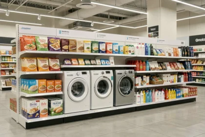 Rayon de supermarché moderne présentant trois types de produits de consommation : alimentaire, électroménager et soins personnels